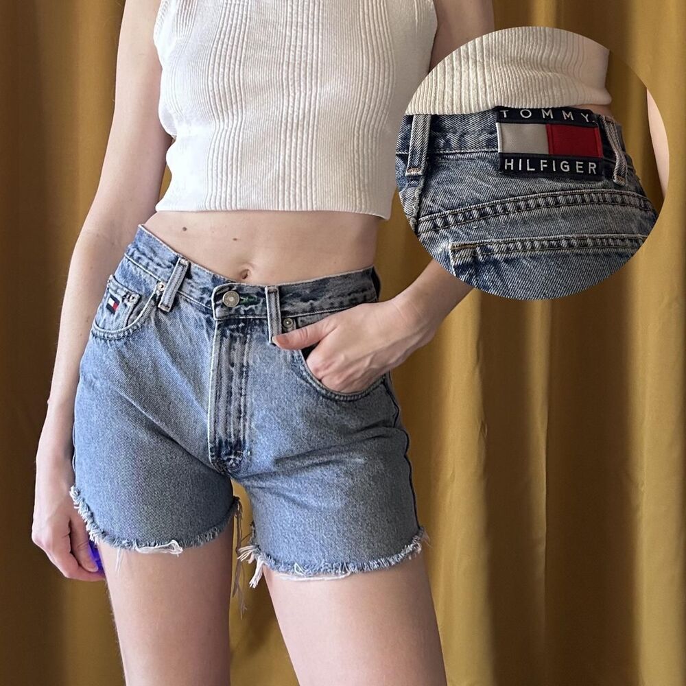 Vintage 1990s Tommy Hilfiger Cut Off Jean Shorts, Mid Rise Frayed Hem, 24"